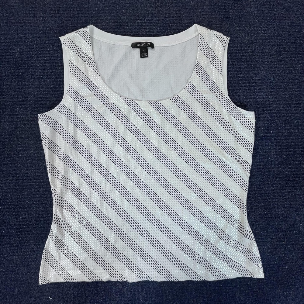 St John Shirt Womens Large White‎ Mesh Diagonal Stripe Sleeveless Tank Top